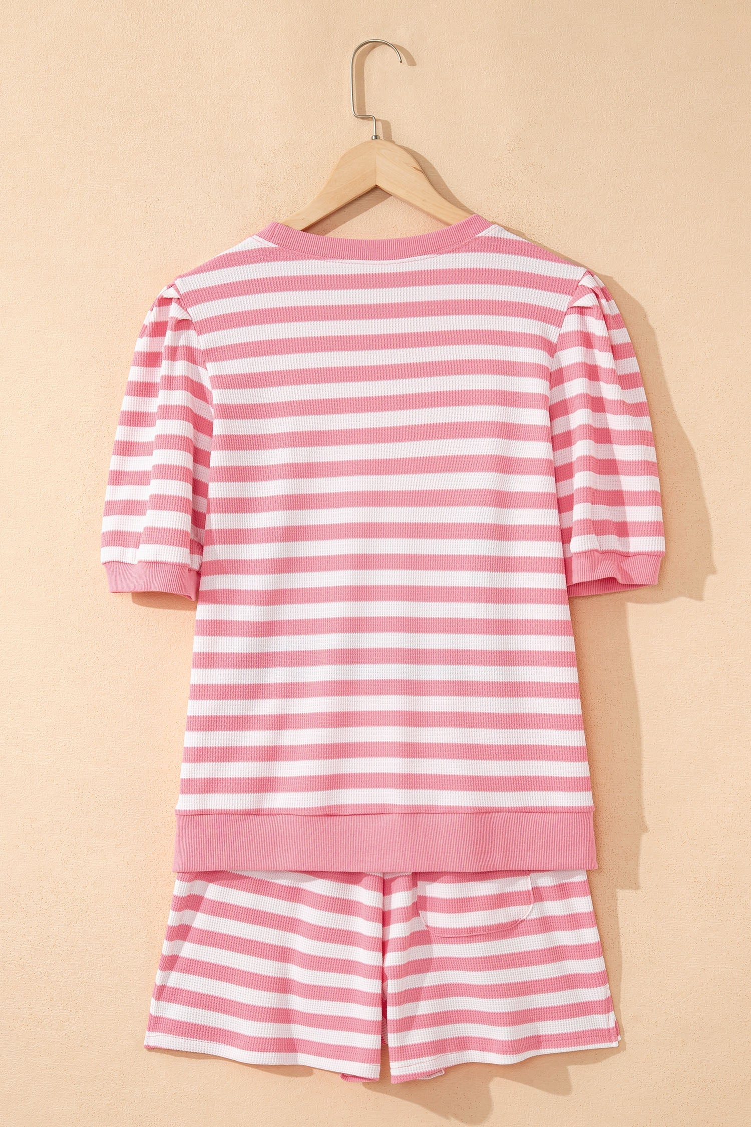 Short-Sleeved Stripe Puff T Shirt Matching Shorts Set in Pink