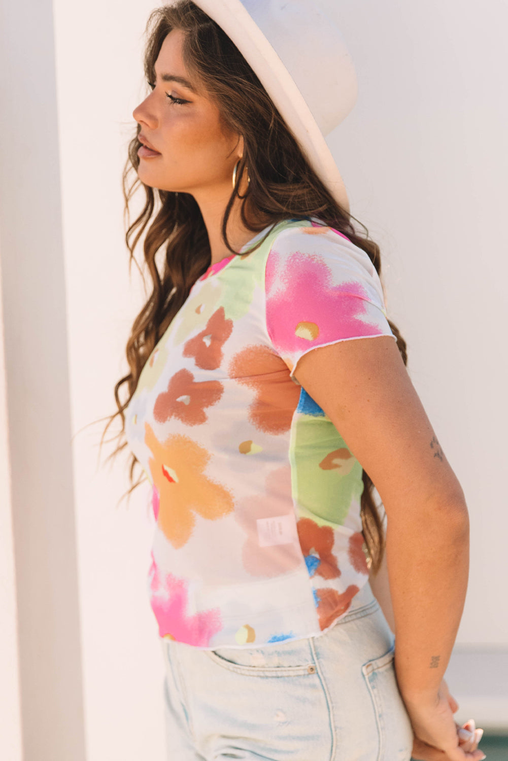 Cute Floral Mesh Lettuce Trim Cropped T Shirt