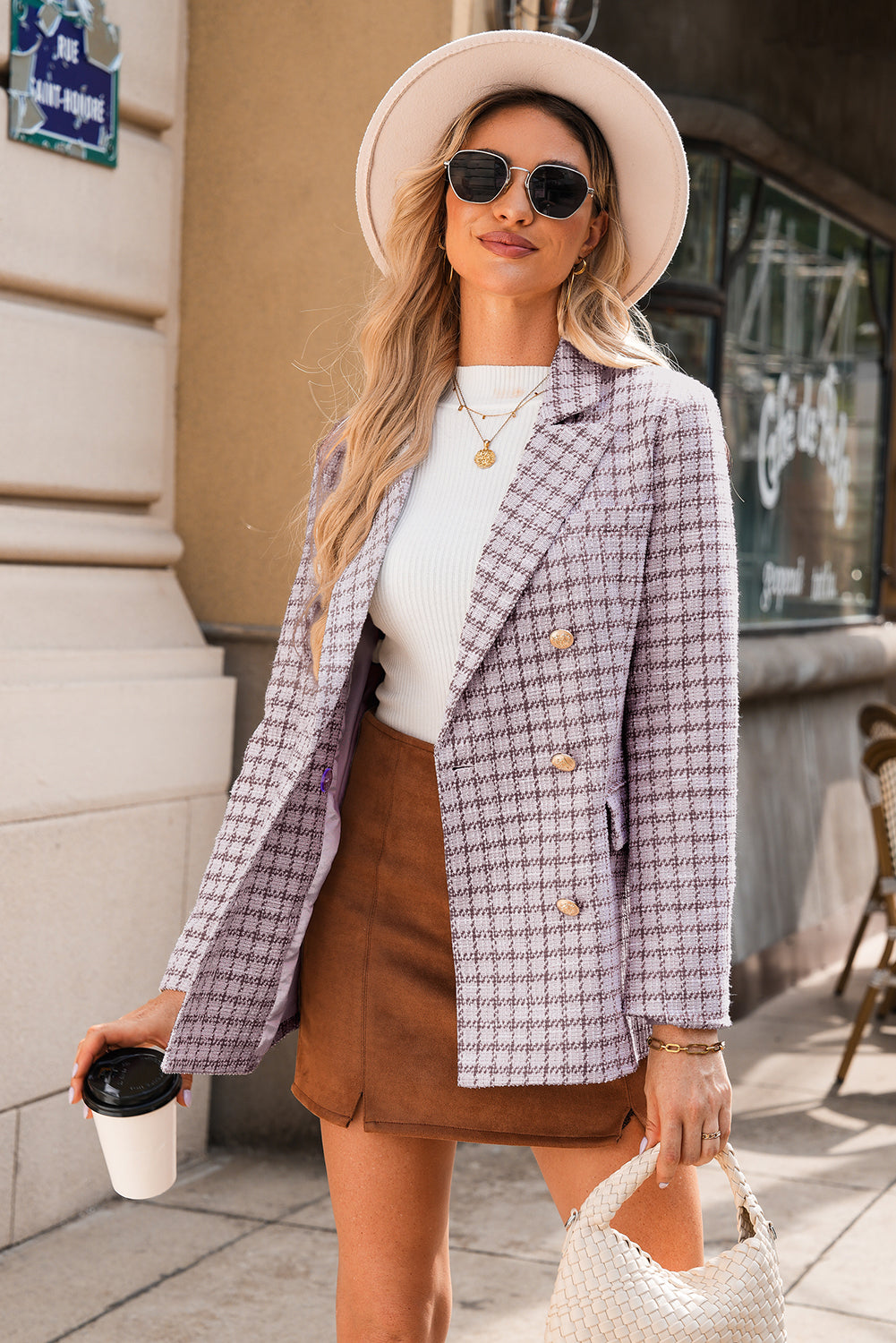 Refined Tweed Plaid Blazer in Burgundy