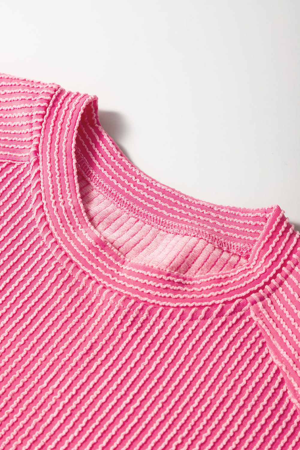 Bright Corded Pink Solid Knit Short-Sleeved T Shirt and Wide-Leg Pants Set