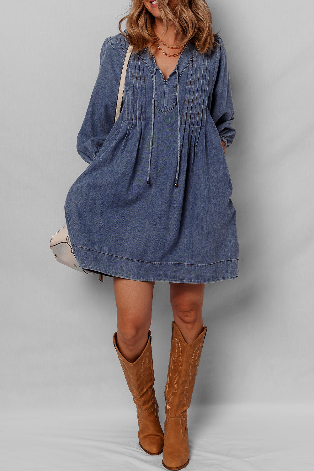 3/4 V-Neck Sleeve Tied Pleated Denim Mini Dress