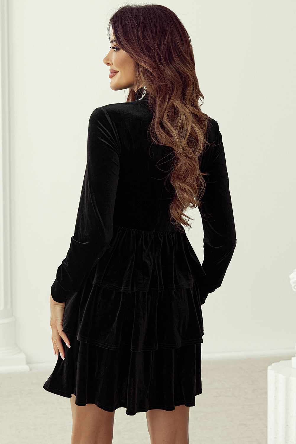 Mini Dress for Women Ruffle-Trimmed Velvet Layered