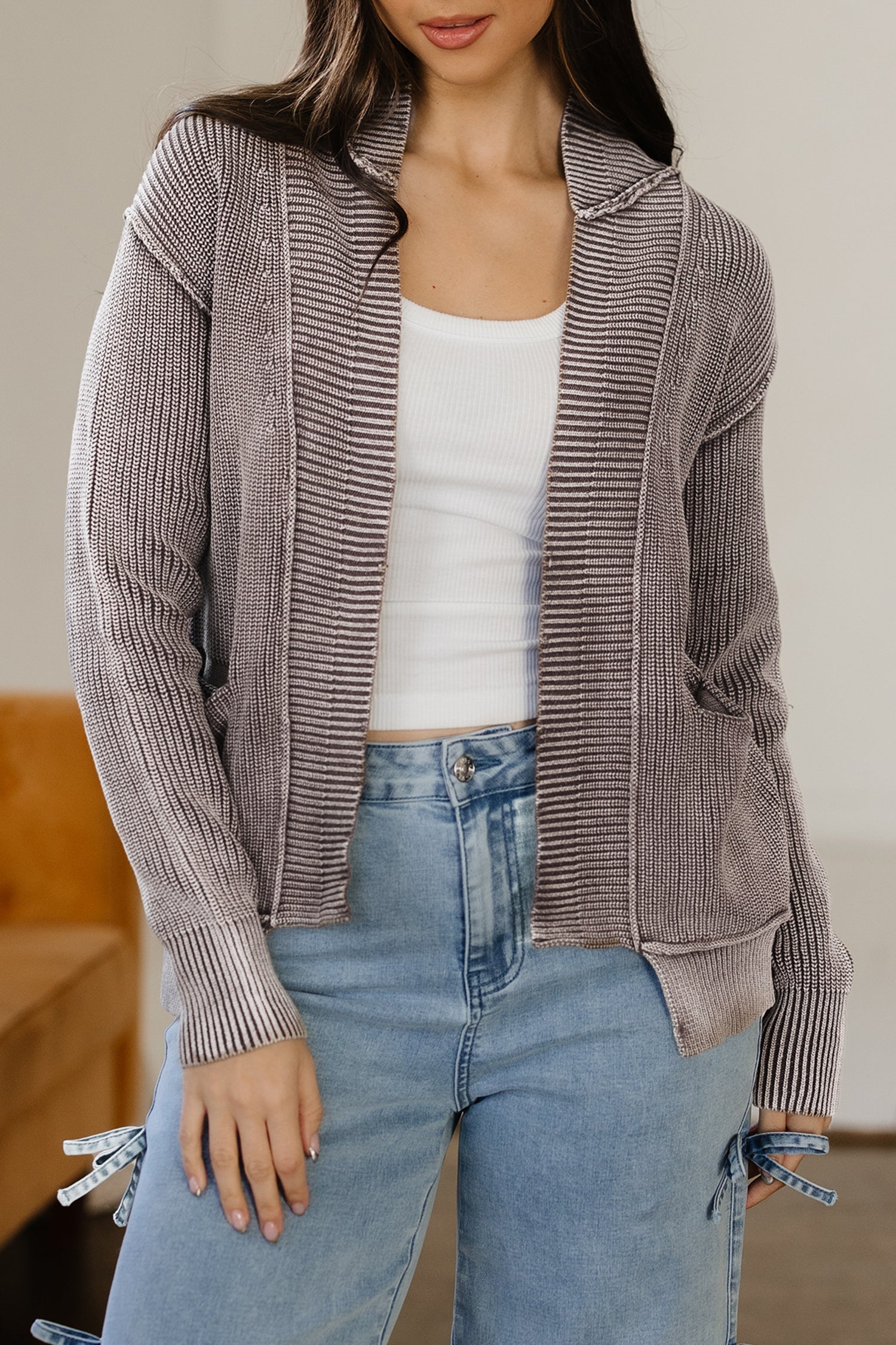Mineral Seam Wash Exposed Patchwork Knit Open Cardigan Knit Top