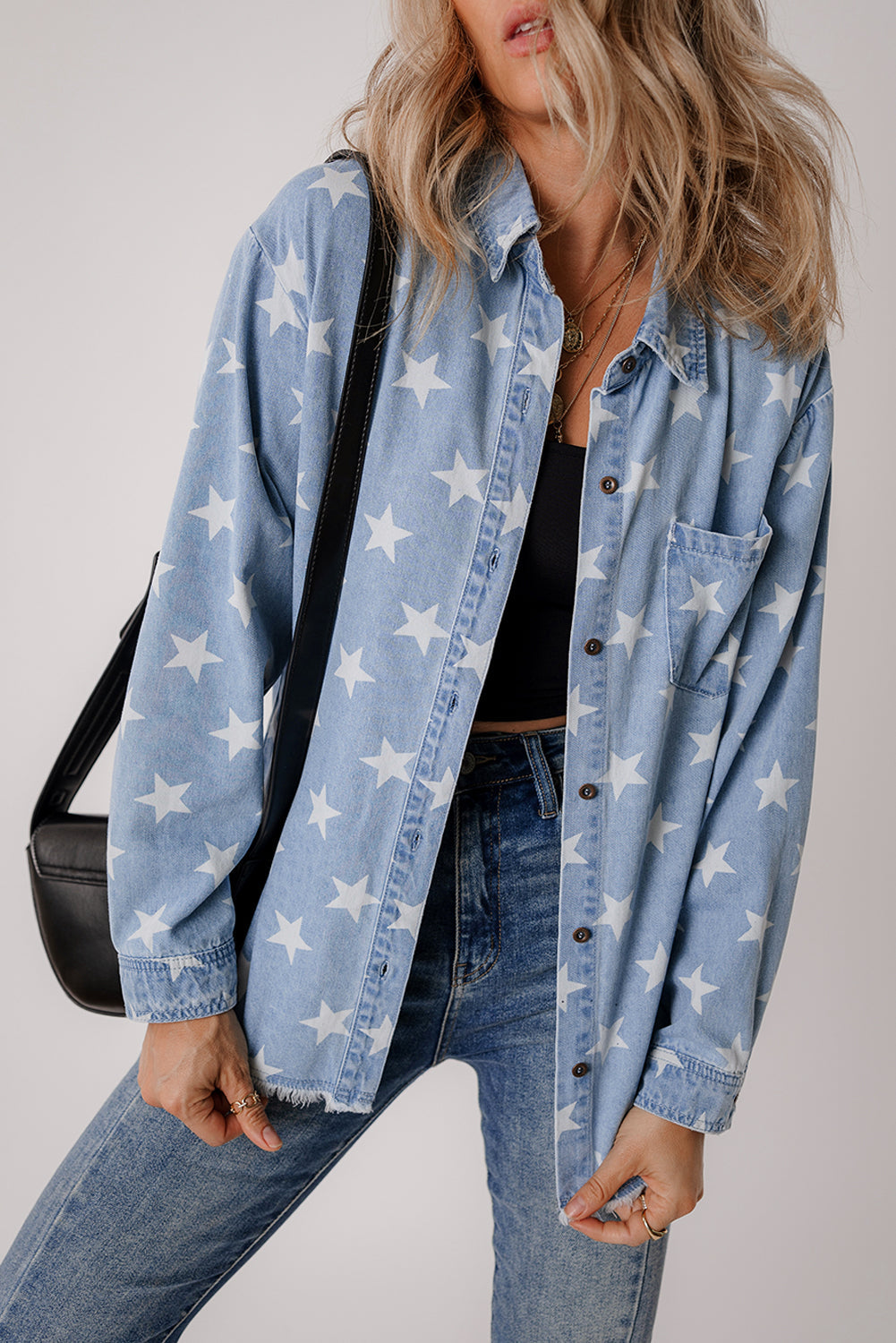 Star Pattern Light Wash Raw Hem Denim Jacket