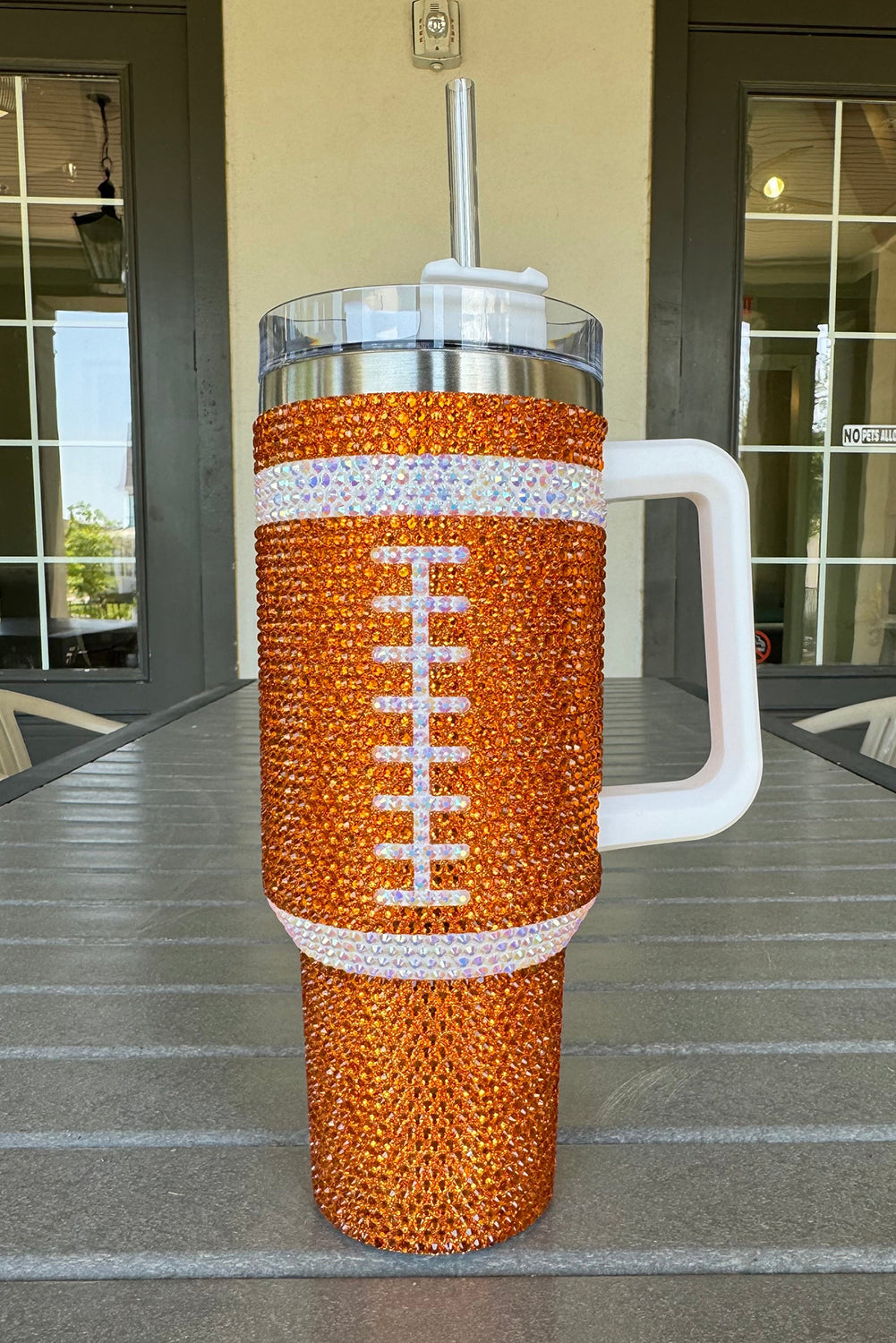 Rugby Football Rhinestone Football Handle Vacuum Cup 40oz