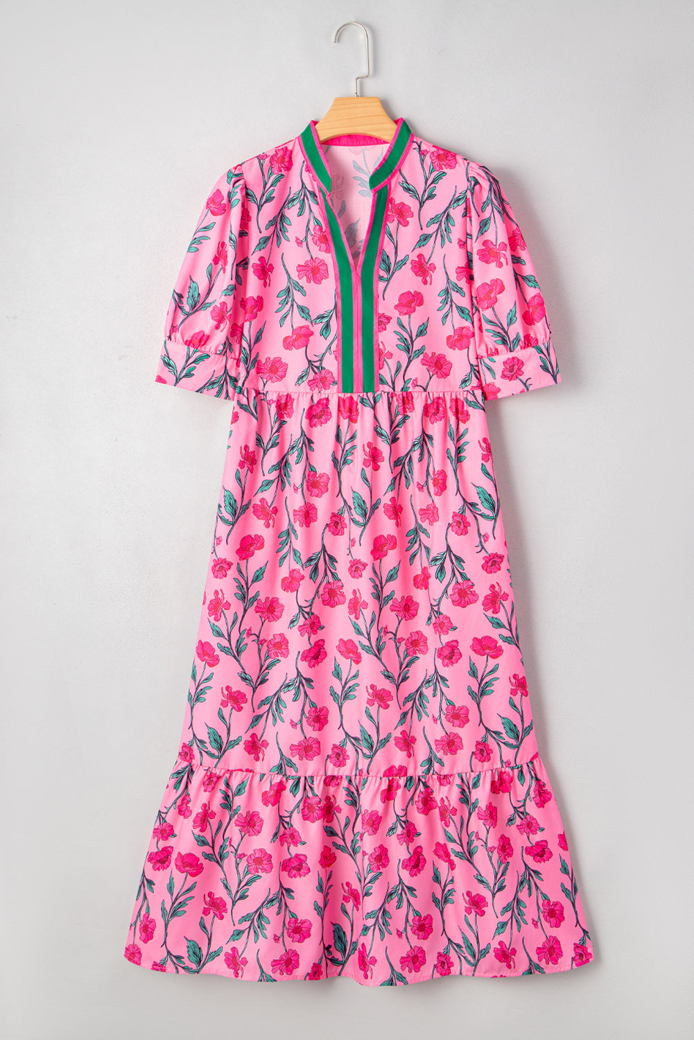Neckline Floral Contrast A-line Puff Sleeve Long Dress