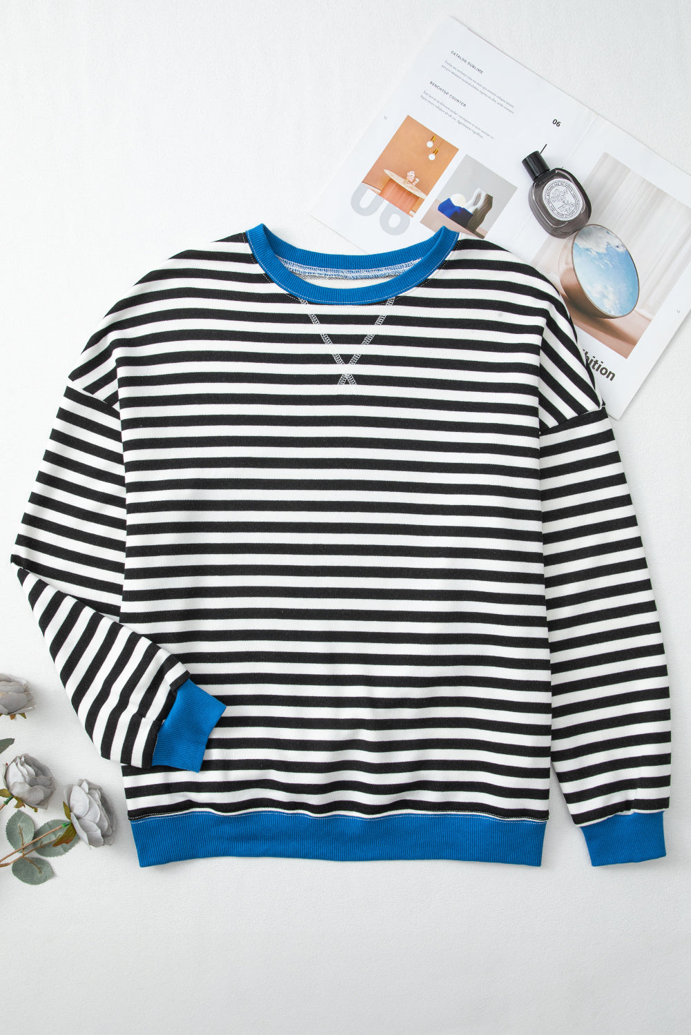 Striped Contrast Rib-Knit Trim Crossed Stitch Drop-Shoulder Sweatshirt