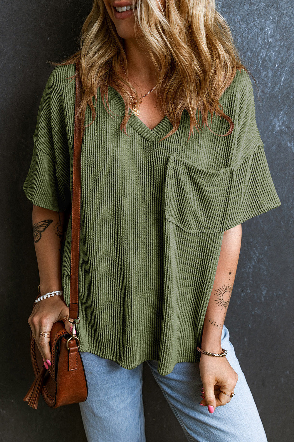 Corded Pocket V-Neck Chest Loose T-shirt