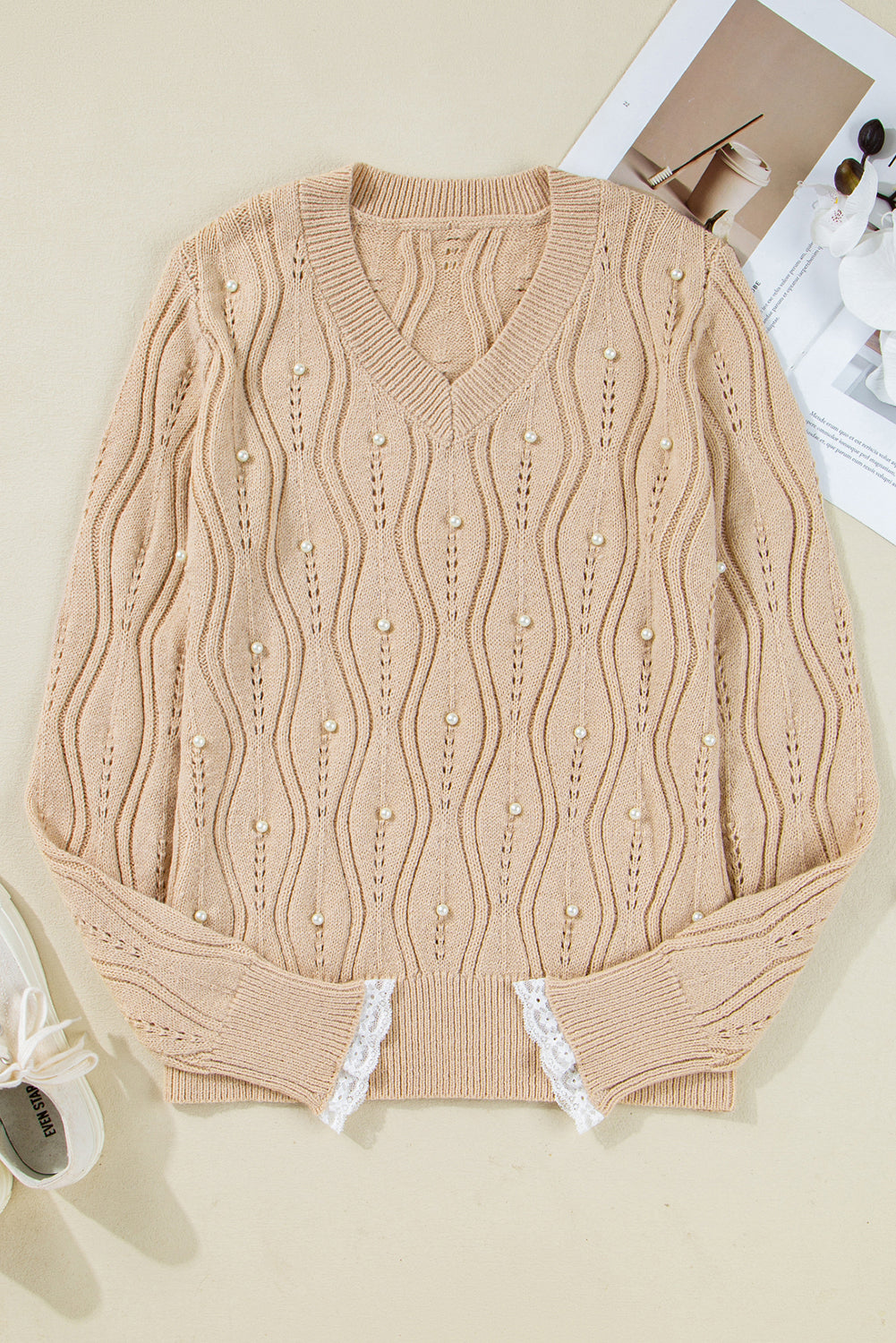 Beaded Pointelle Pearl Pointelle Knit V-Neck Lace Patchwork Sleeve Knit Top