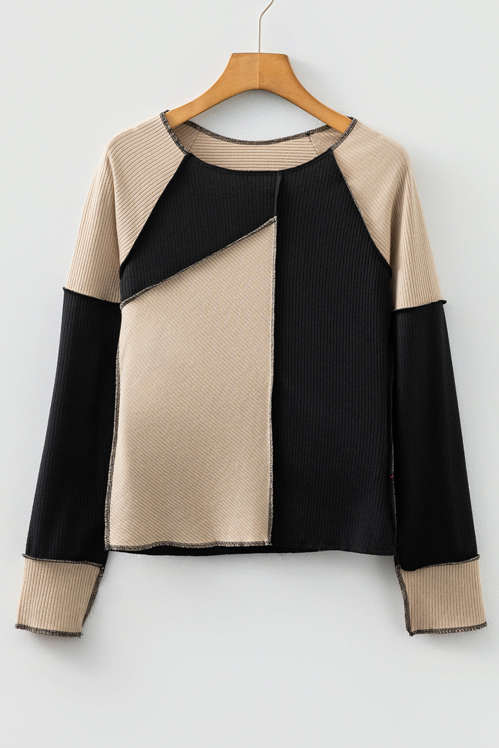 Irregular Trim Colorblock Seaming Rib-Knit Top