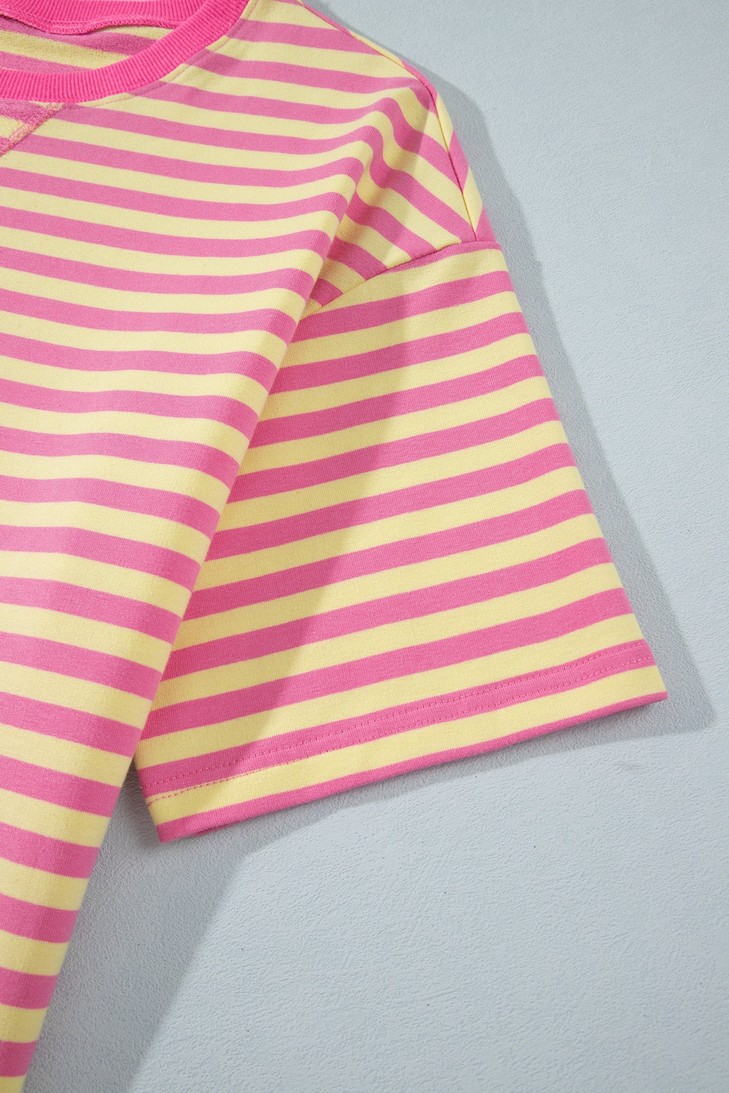 Stripe Colorblock Trim Crew-Neck Loose Tee Drawcord Elastic Waist 2pcs Pant Set in Pink
