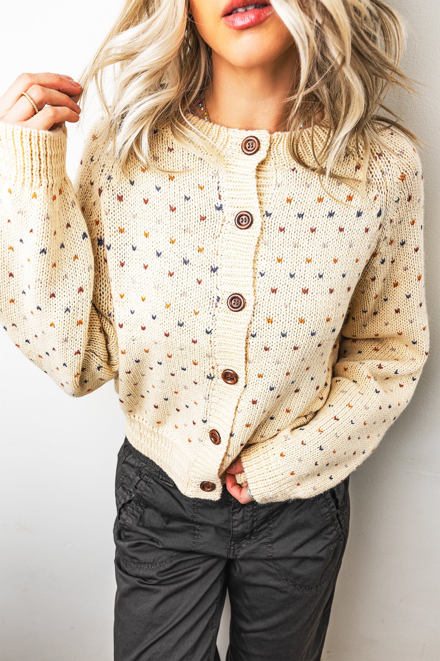Print Button Geometric Button Front Timeless Fit Cardigan in Beige