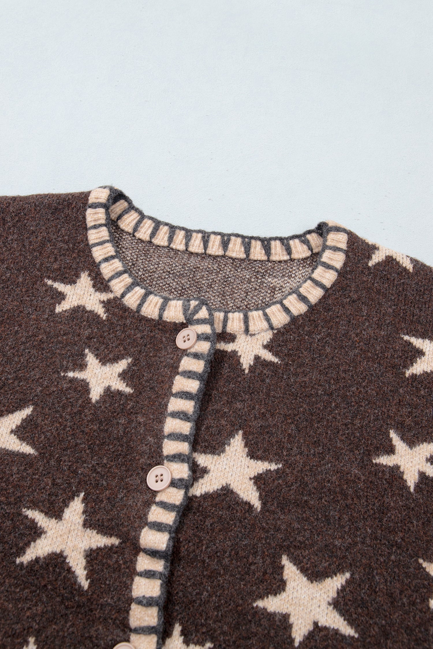 Stars Pattern Colorblock Long-Sleeved Shift Wool Cardigan in Brown