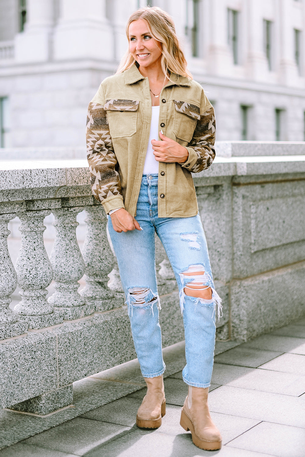 Women's Aztec-Pattern Patchwork Frayed Edge Khaki Cord Jacket