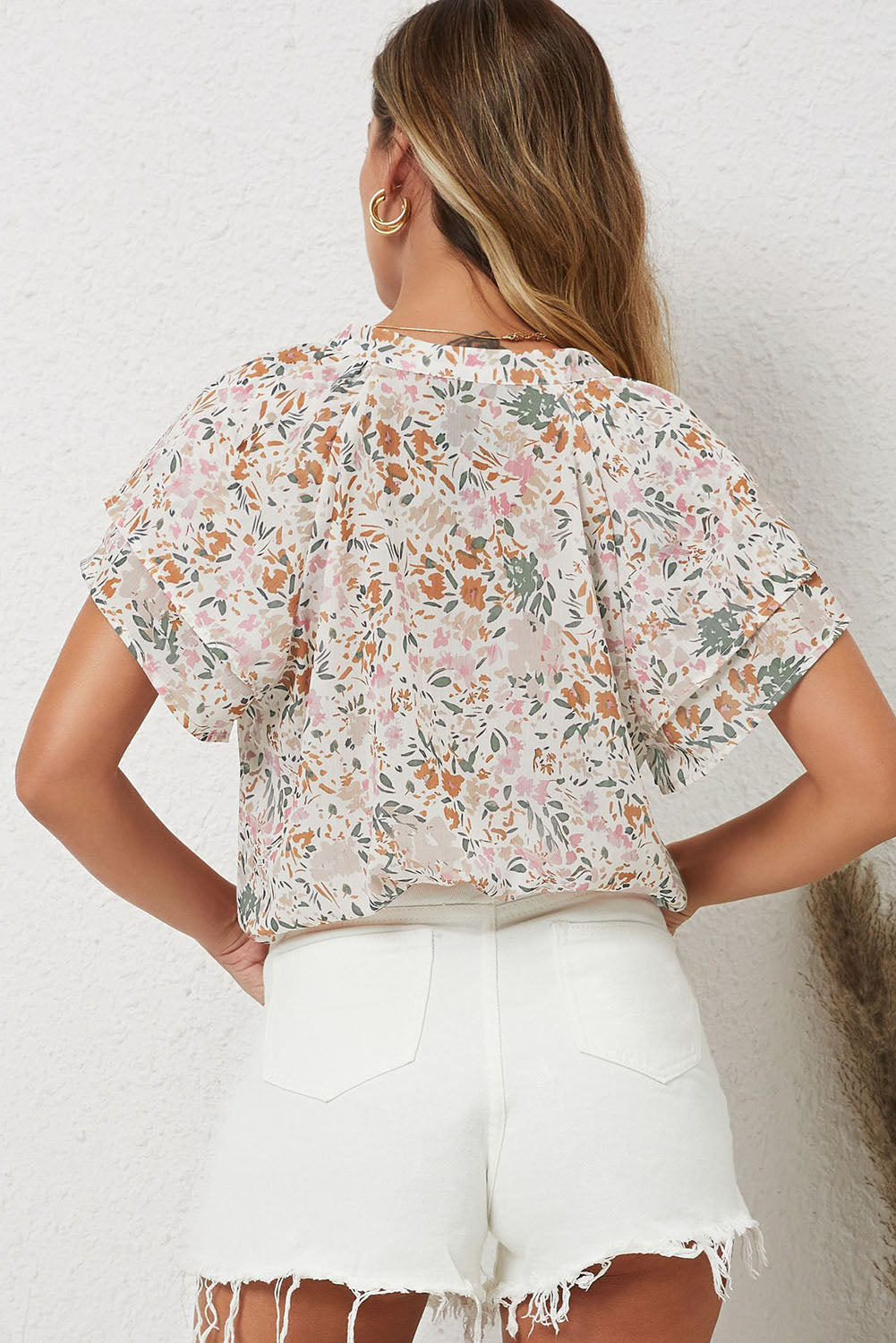 Women's Top with Multicolor Floral-Print Mandarin Collar
