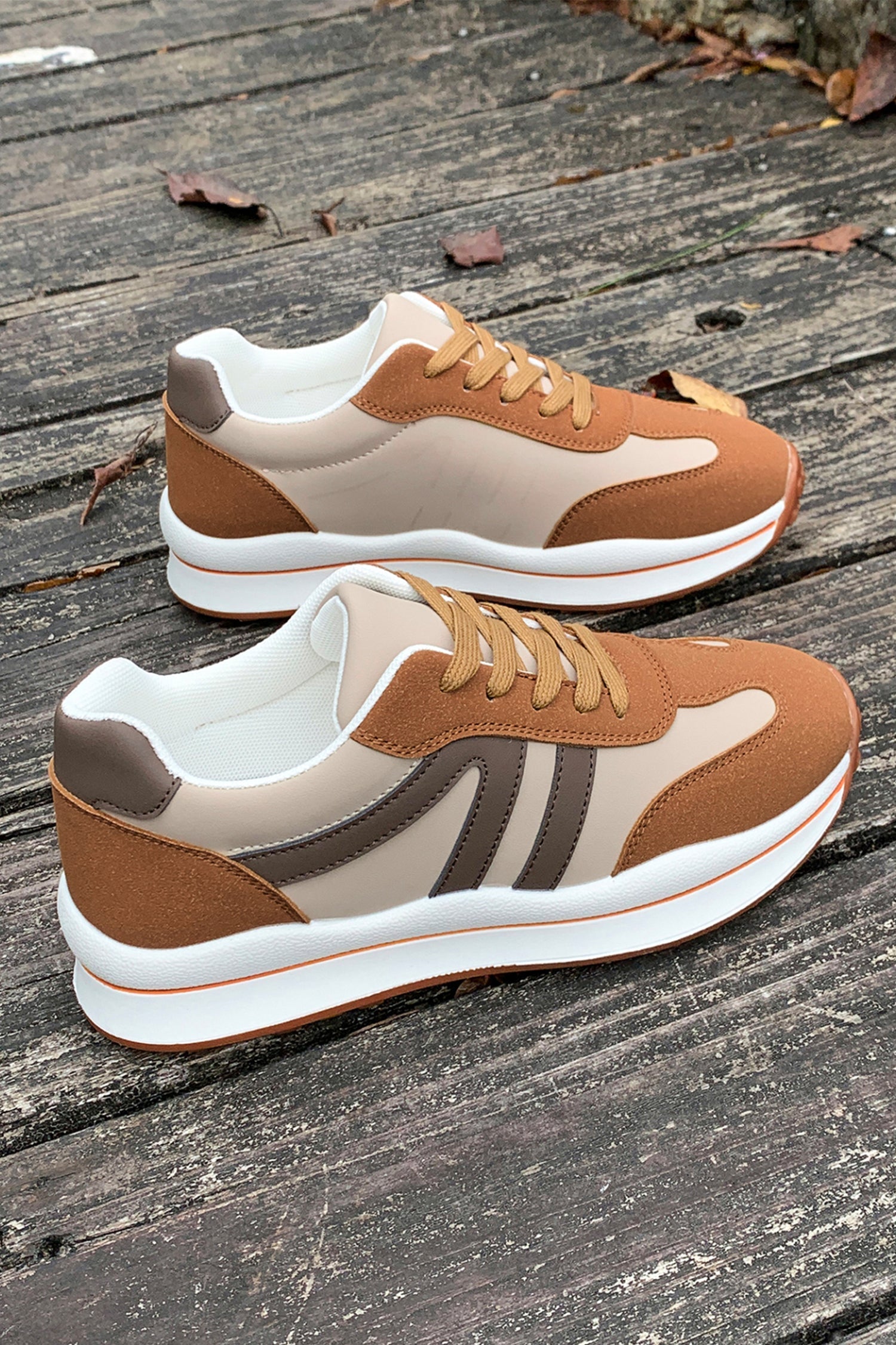 Patchwork Varsity Colorblock Lace-up Leather Sneakers in Brown
