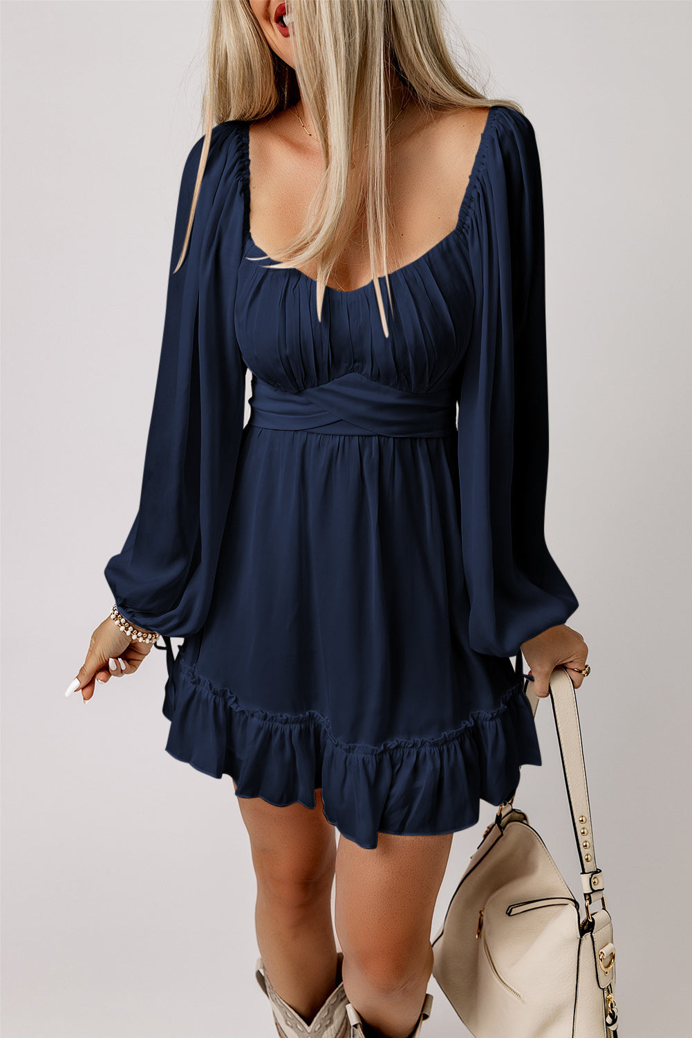 Plain Ruffled High-Waisted Square Neck Mini Dress in Blue