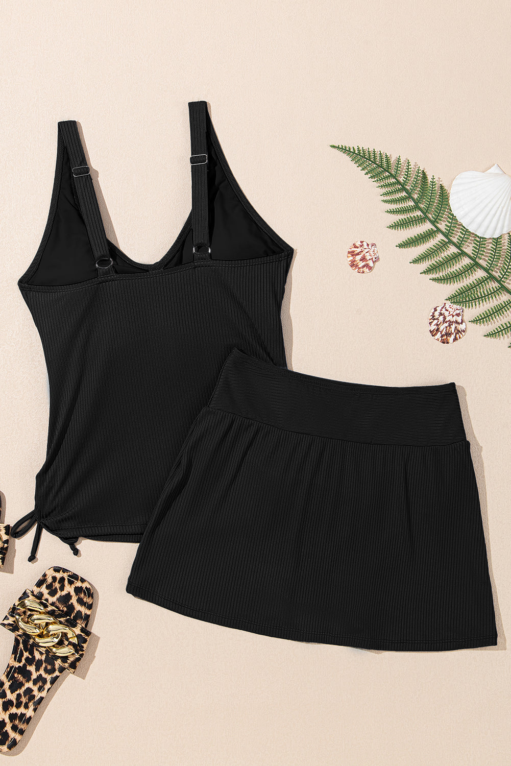 Crossed Rib-Knit Knit Detail Tank Skort 2pcs Swimsuit in Black