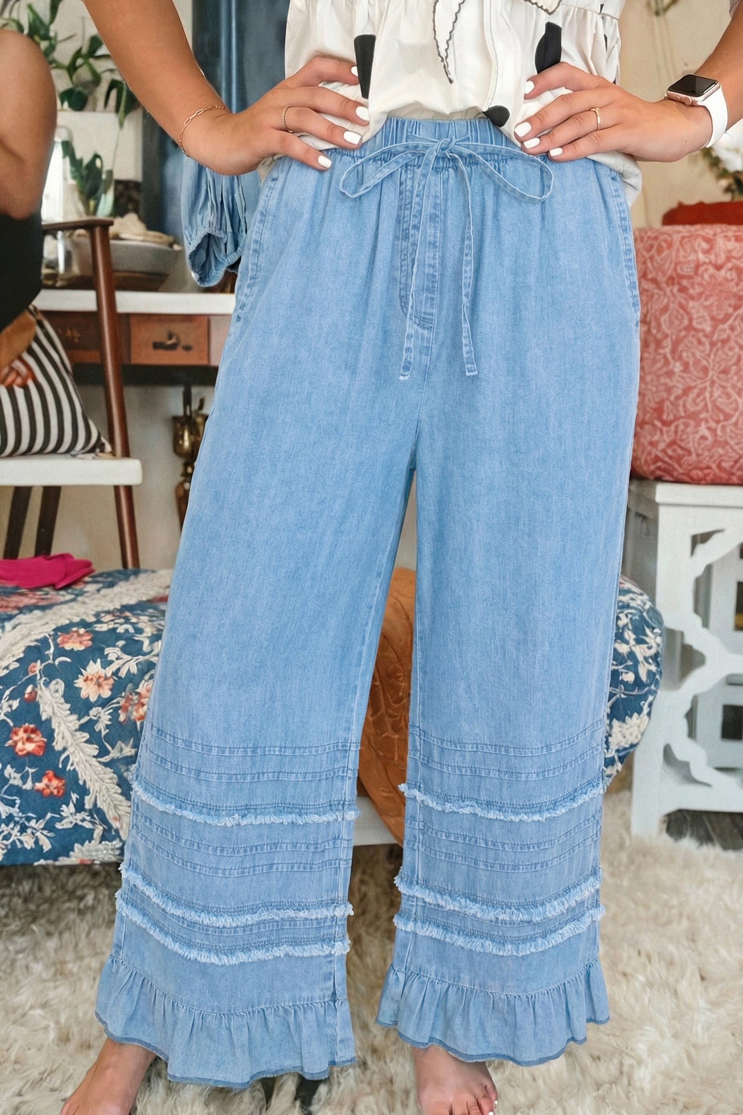 Everyday Ruffled Beau Blue Hem Wide-Leg Chambray Pants