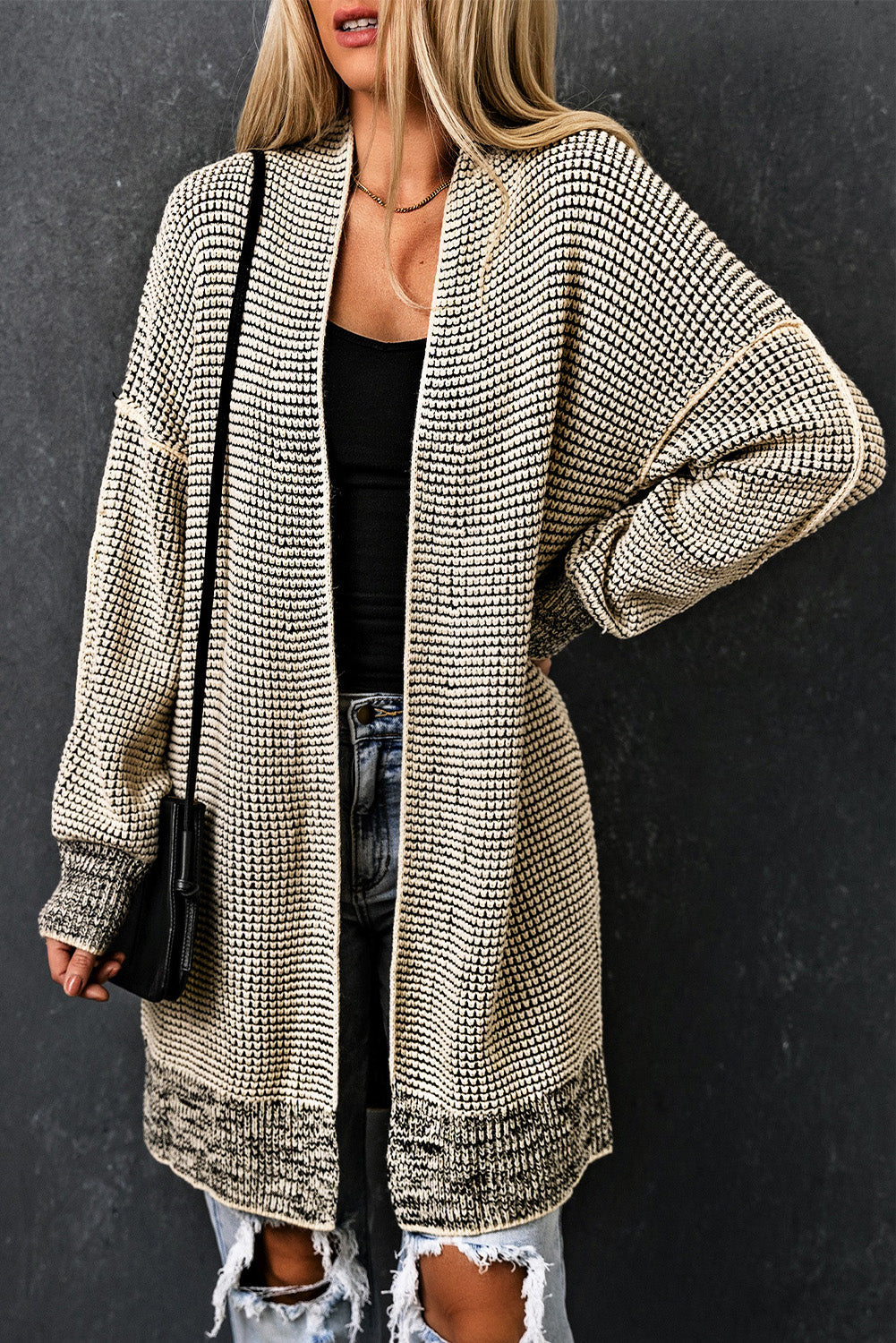 Cardigan for Women Plaid Knitted Long Open Front Apricot
