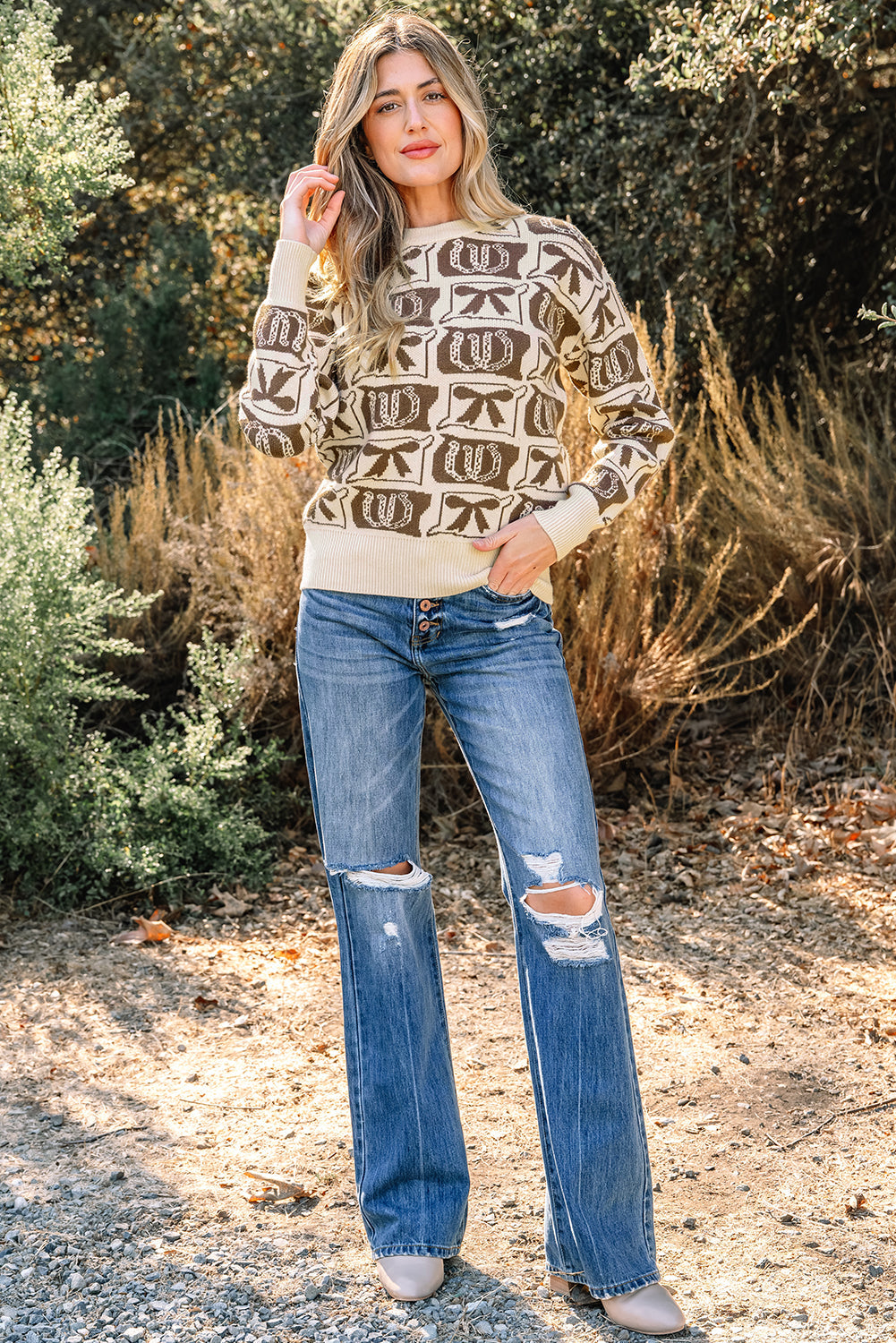 Horseshoes Bows & Pattern Western Fashion Print Knit Top