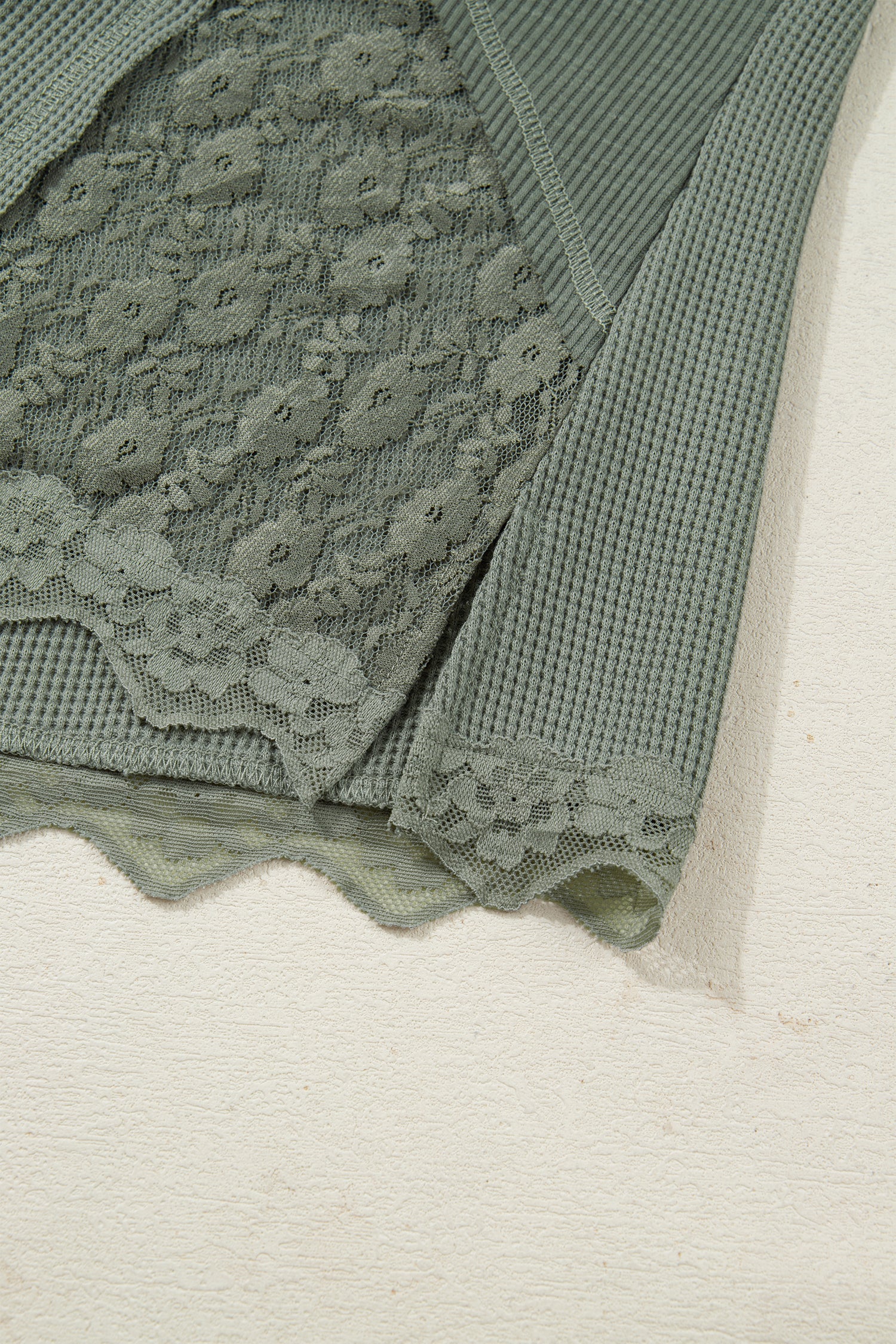 Green Waffle Sage Waffle Rib-Knit Lace Patchwork Long-Sleeved Top