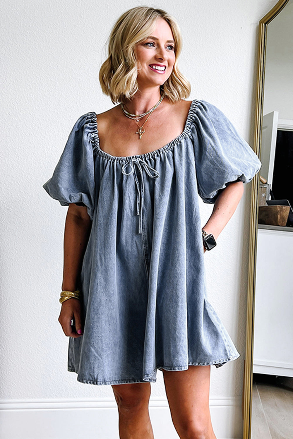 Bubble Neck Sleeve Square Denim Babydoll Dress