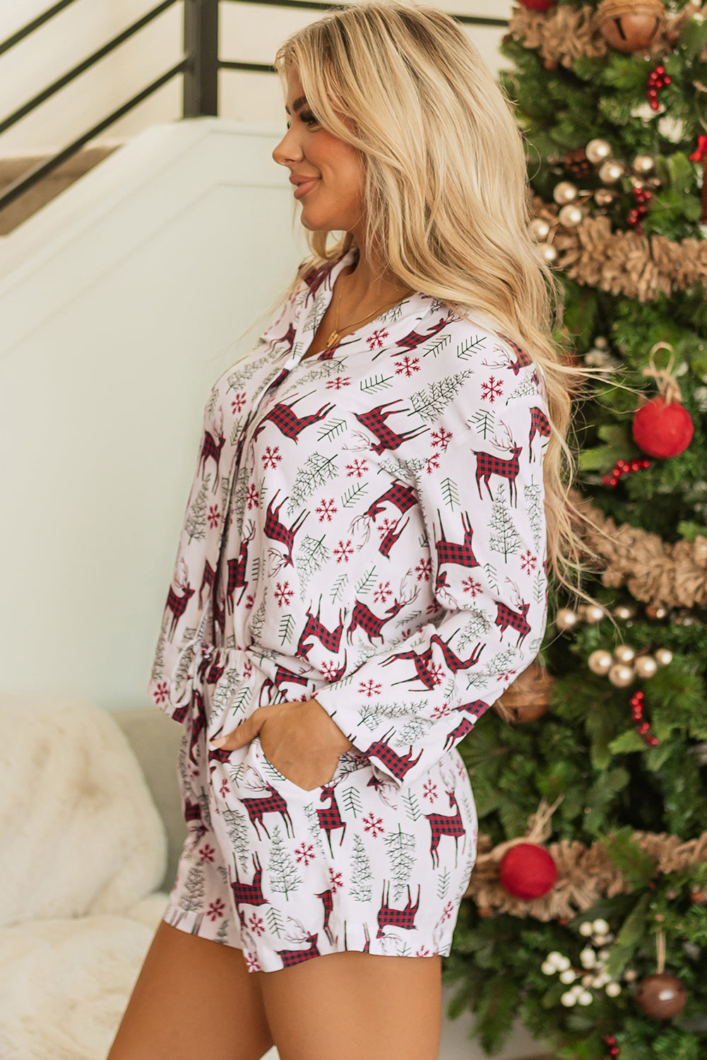 Christmas Deer Printed Shirt and Shorts Lounge Set
