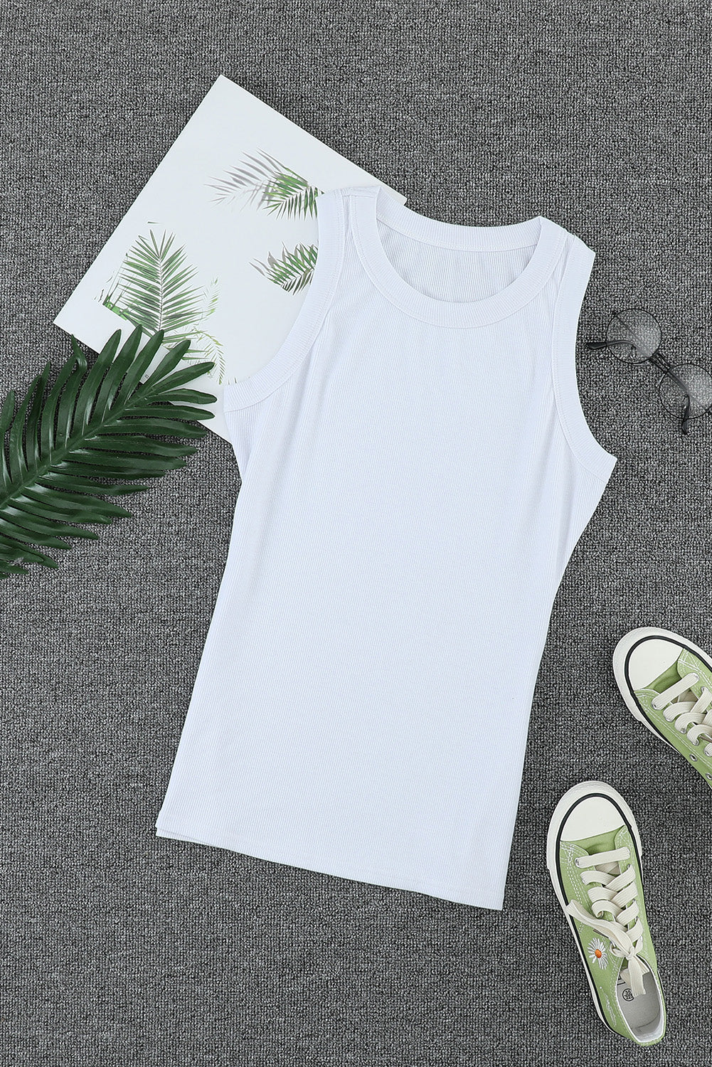 Solid  Round Neck Ribbed Tank Top