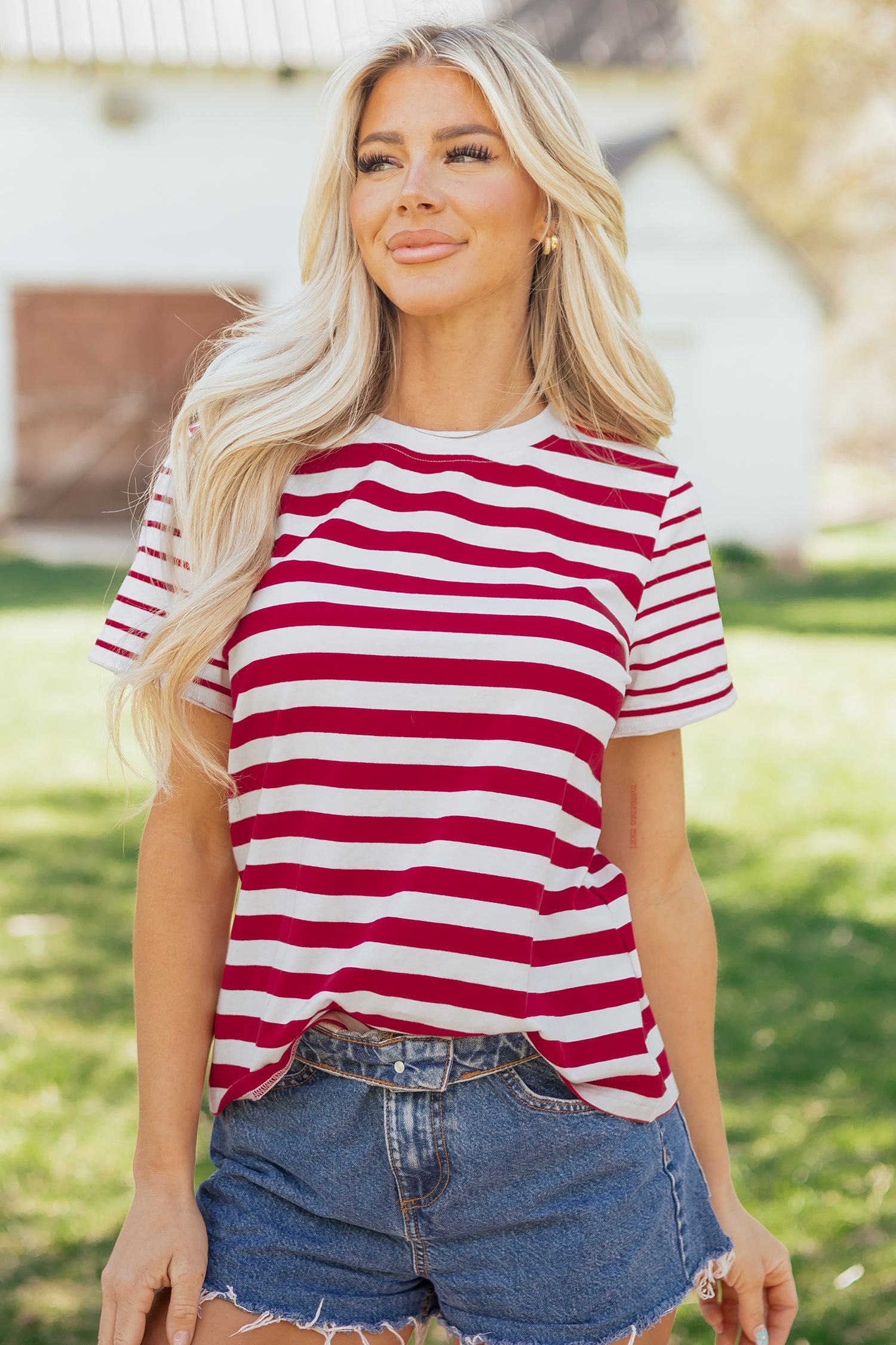 Stripe Patchwork Round-Neck Short-Sleeved T Shirt in Red