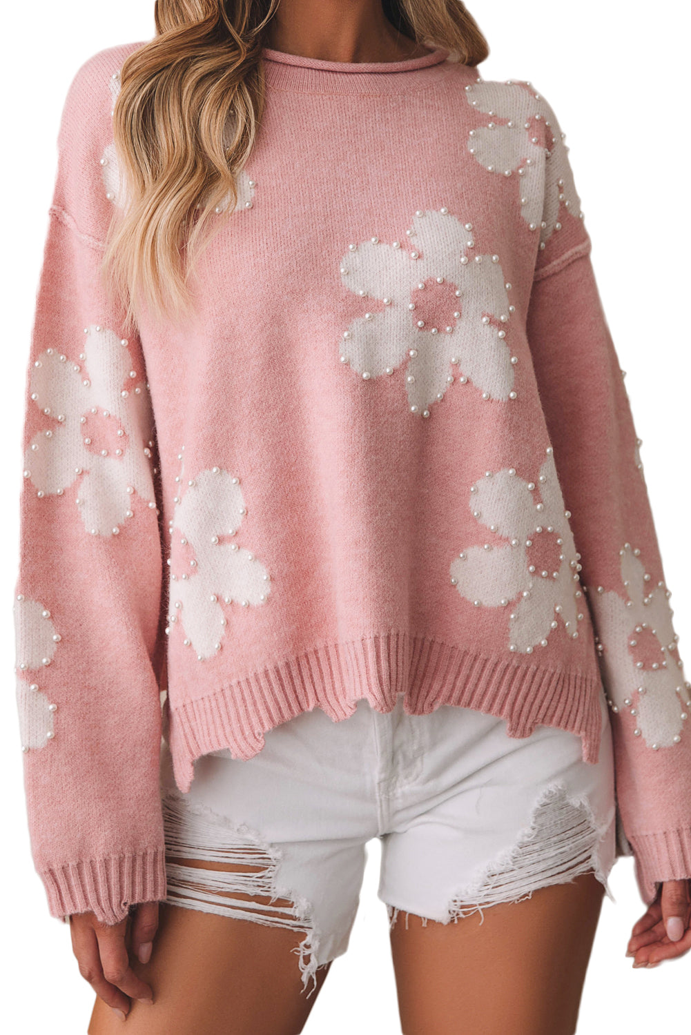 Pull à épaules tombantes et fleurs perlées