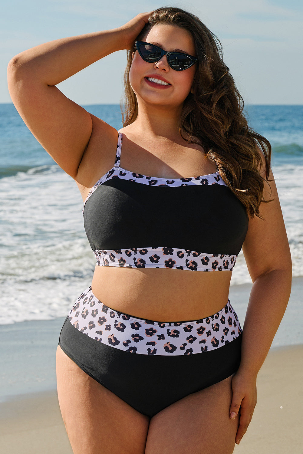 2pcs Black Leopard Patchwork Plus Size High Waisted Swimsuit