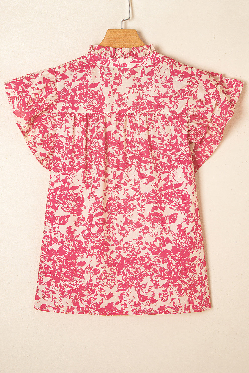 Half Allover Printed Button Neck Ruffle Sleeve Blouse