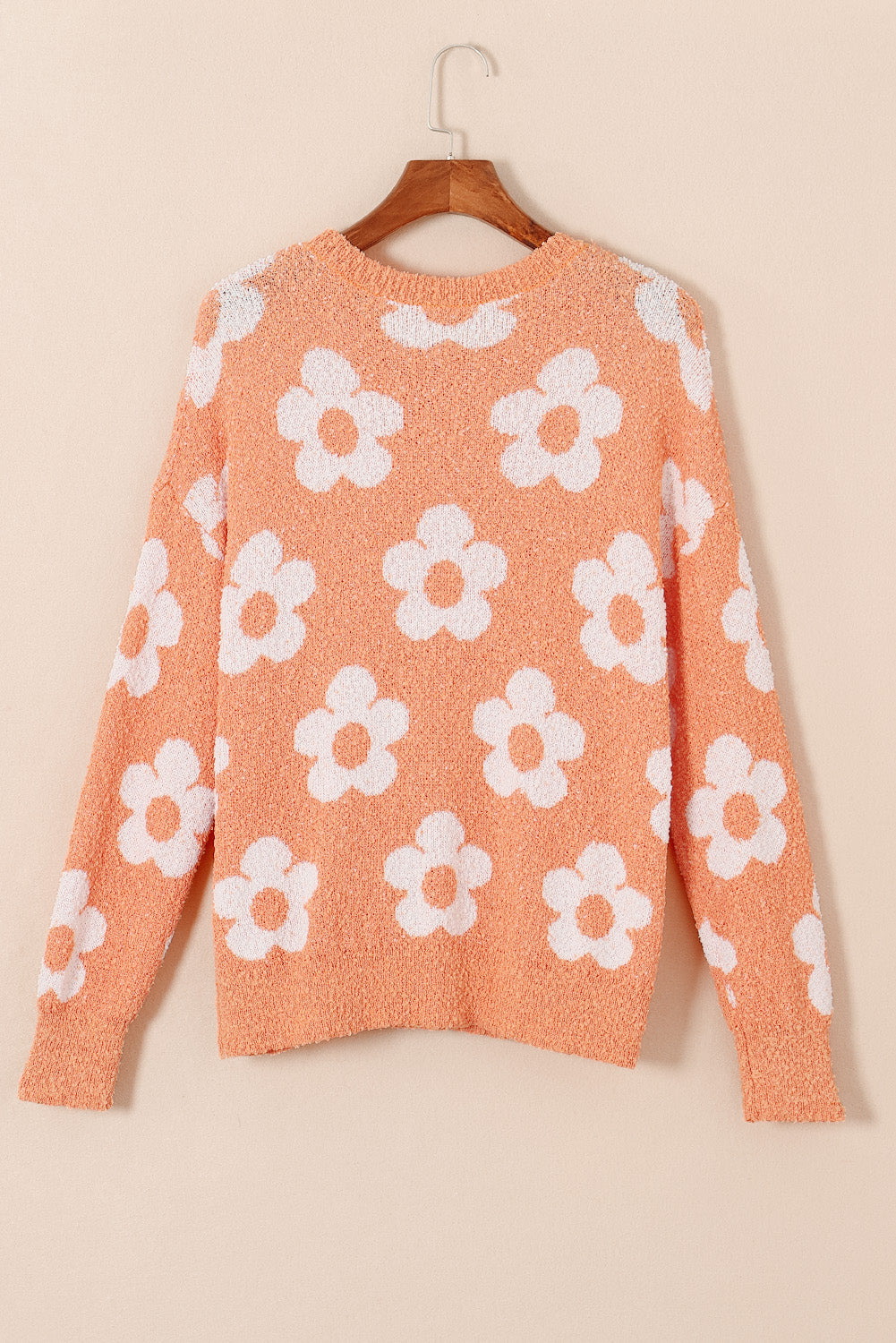 Sweater for Women Dropped-Shoulder Fuzzy Floral-Print Knitted