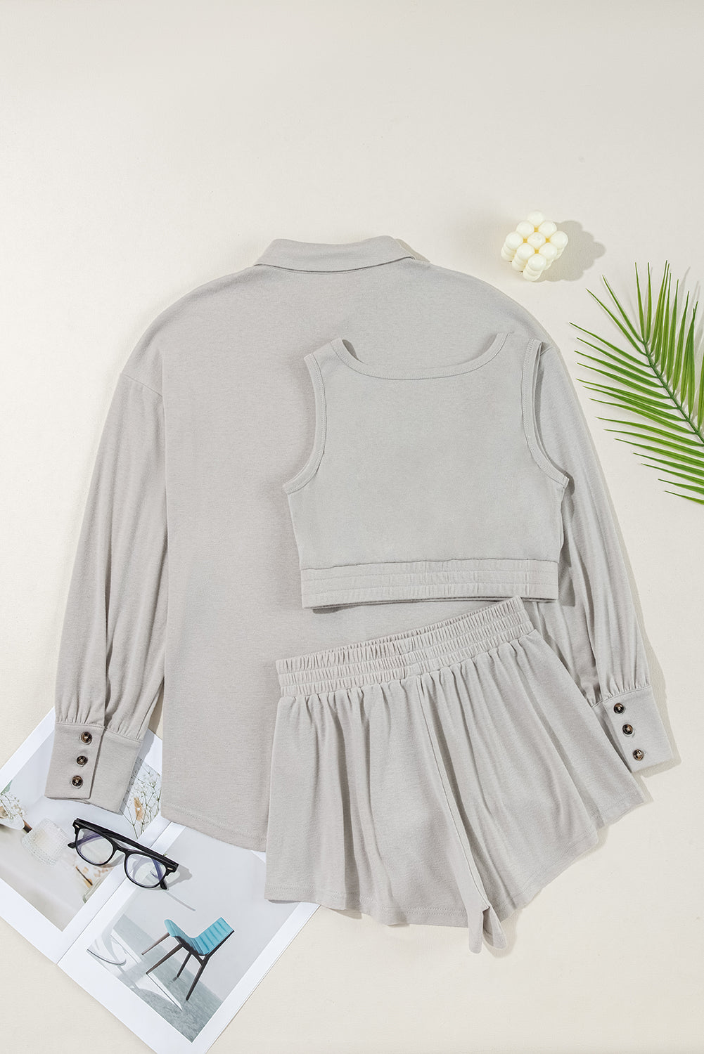 Pcs Crop 3 Crop Tank Top Shorts with Cardigan Lounge Set in Gray