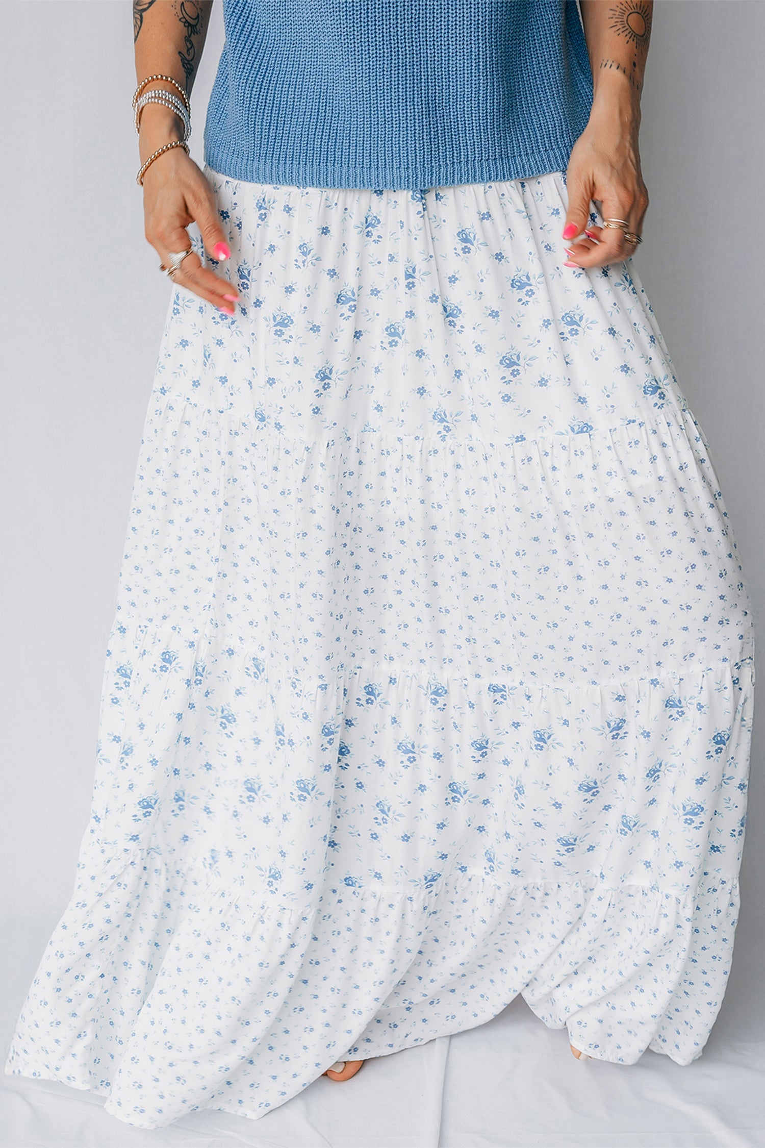 Blue Polished Sky High-Waisted Tiny Floral-Print Boho Maxi Skirt