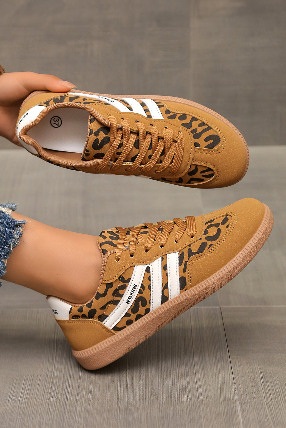 Leather Leopard PU Leopard Patchwork Contrast Detail Lace-up Shoes