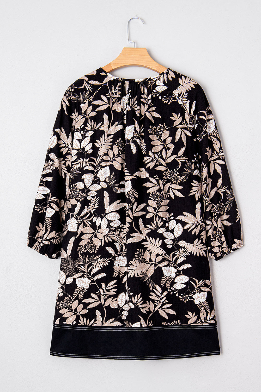 Sleeve Botanical 3/4 Botanical Print Split Neck Loose Mini Dress