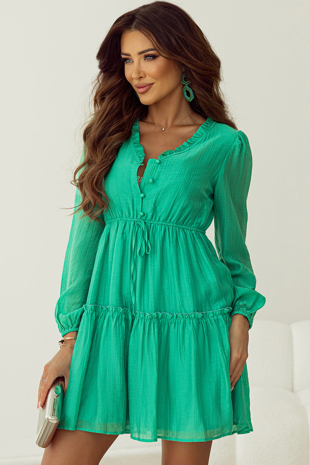 Women's Shift Frill-Trimmed Drawcord Mini Dress