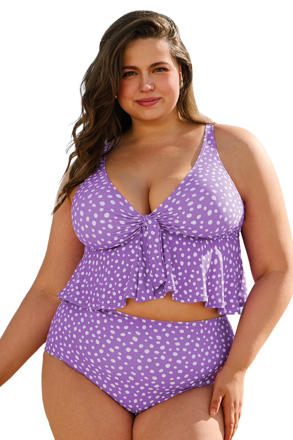 Purple Plus Size Polka Dot Print Ruffled Tankini Set