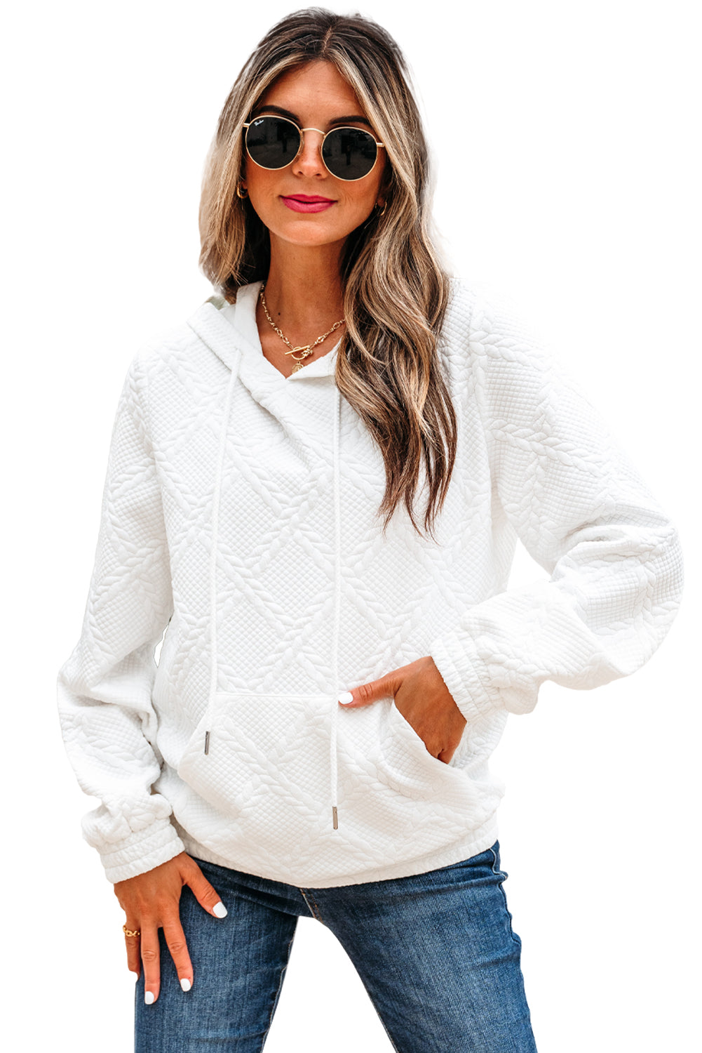 Cable Kangaroo Lattice Texture Pocket Hoodie