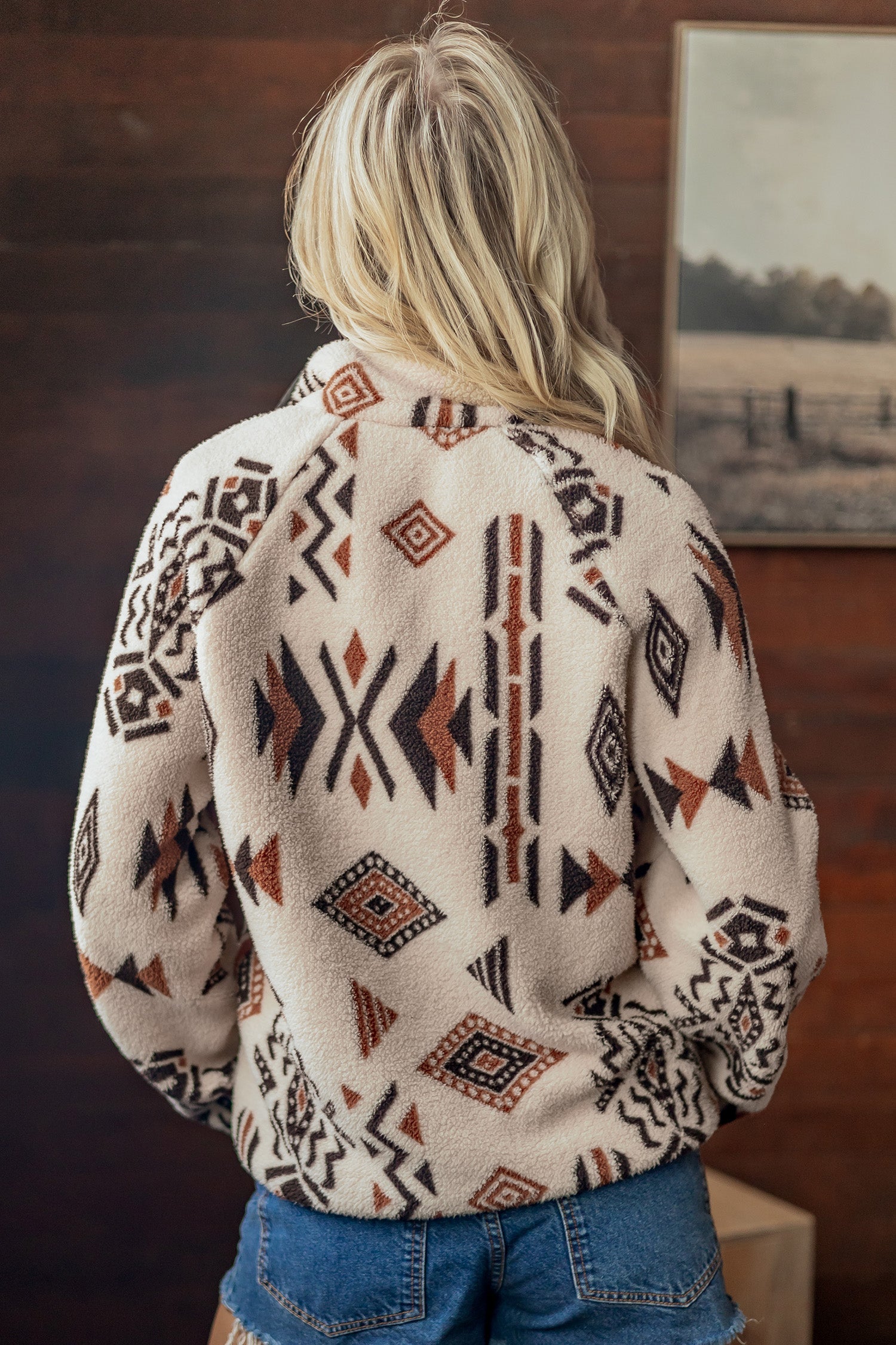 Geometric Print Zip-Front Placket Binding Tape Jacket in Beige