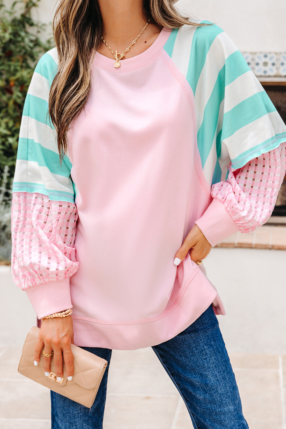 Striped Cute Pink Patchwork Raglan Pullover Top with Slits