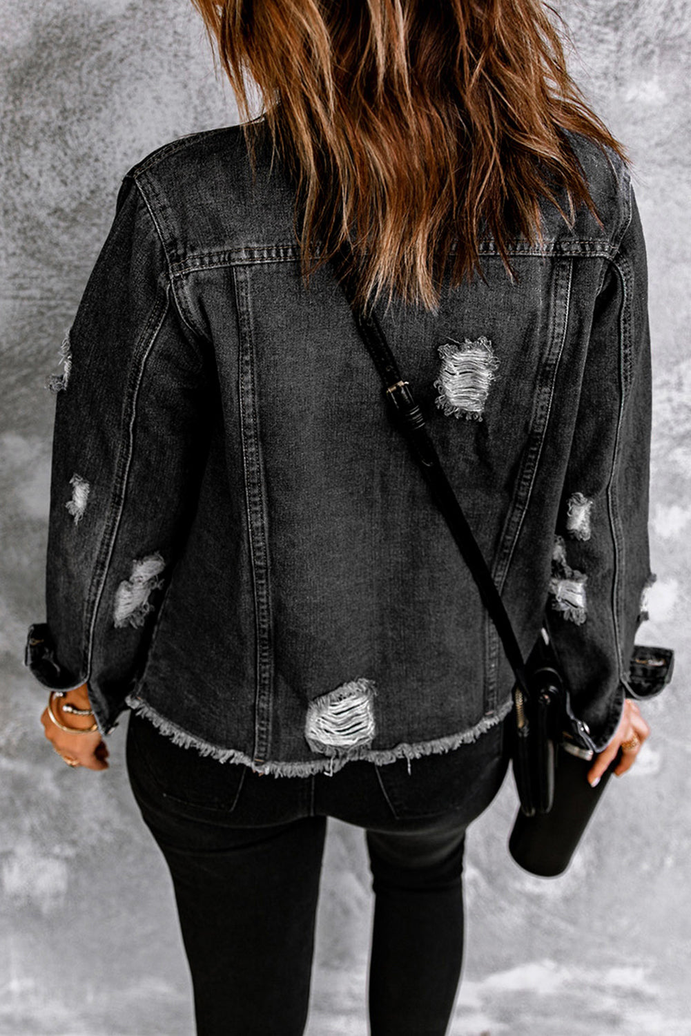Lapel Hem Distressed Raw Buttons Denim Jacket