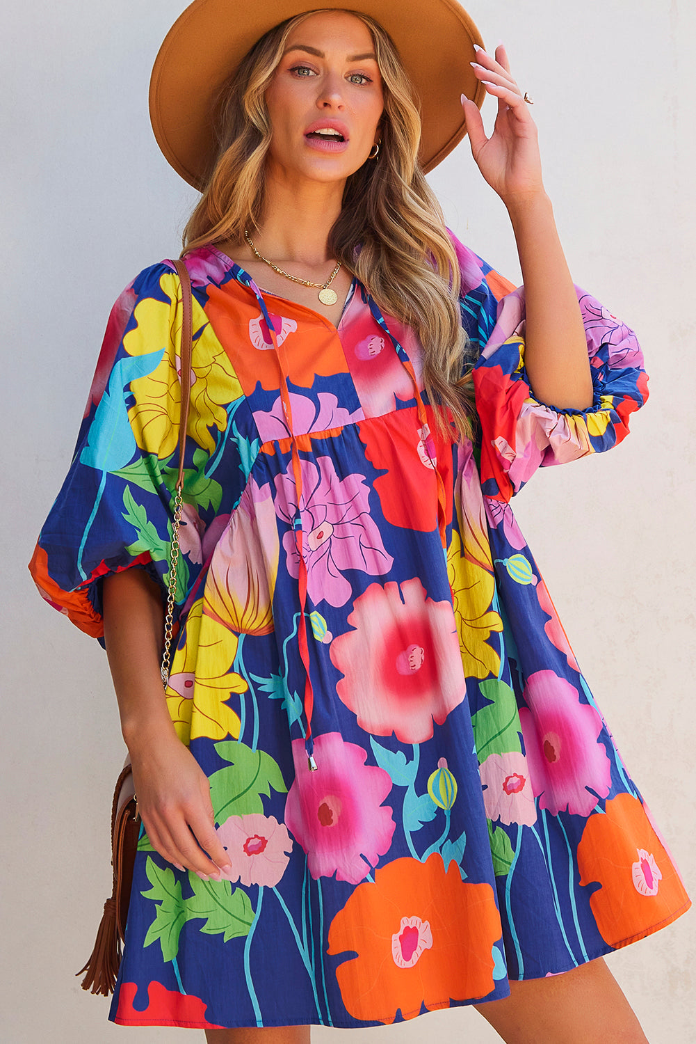 Floral-Print Split Neck Babydoll Dress