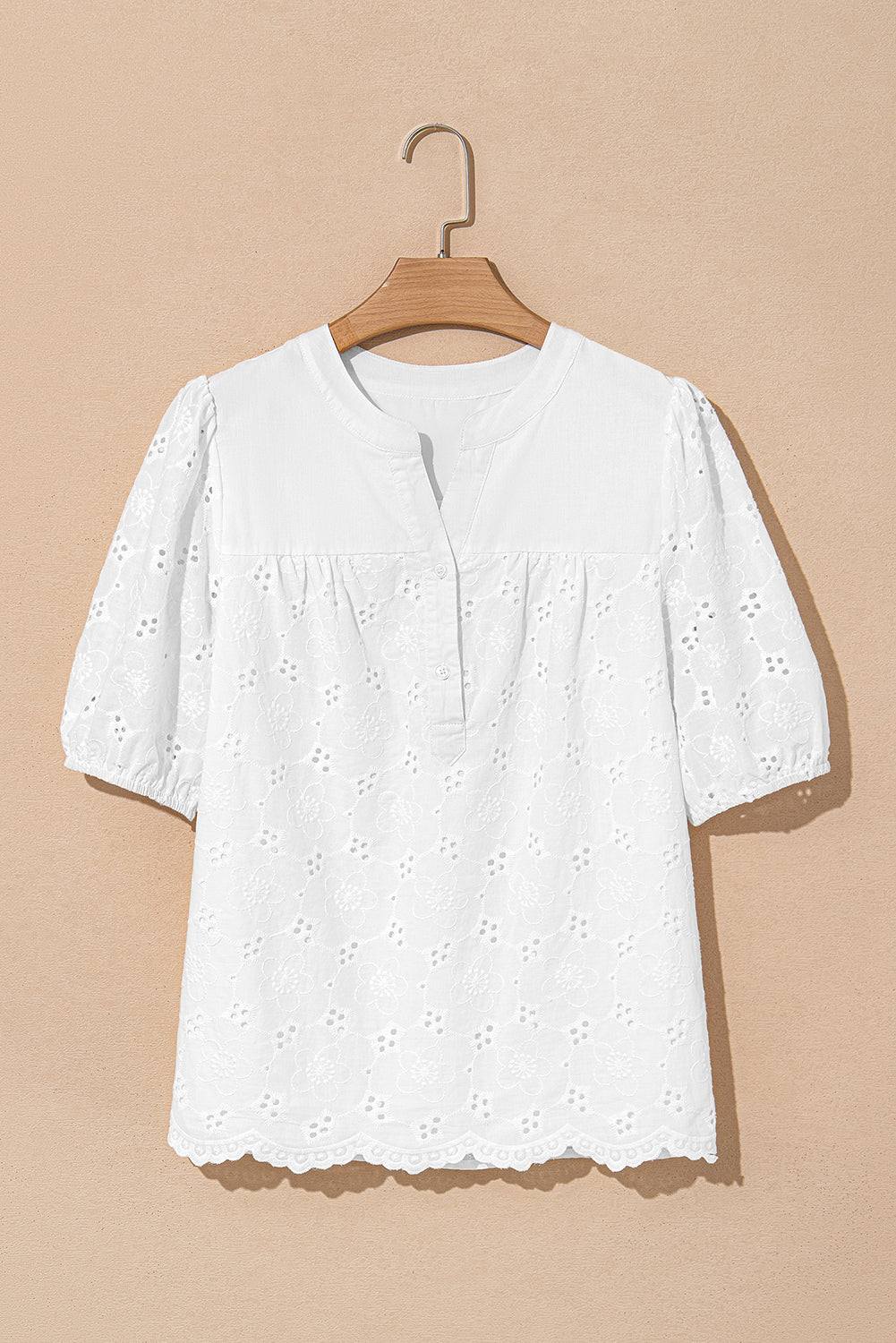 Lace Crochet V-Neck Half Sleeve Embroidery Button Down Blouses Everyday Shirts