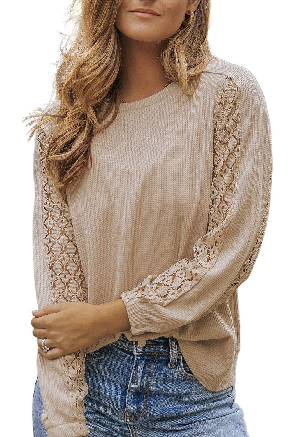 Women's Knit Top with Lace-Trimmed Patch Sleeve Waffle