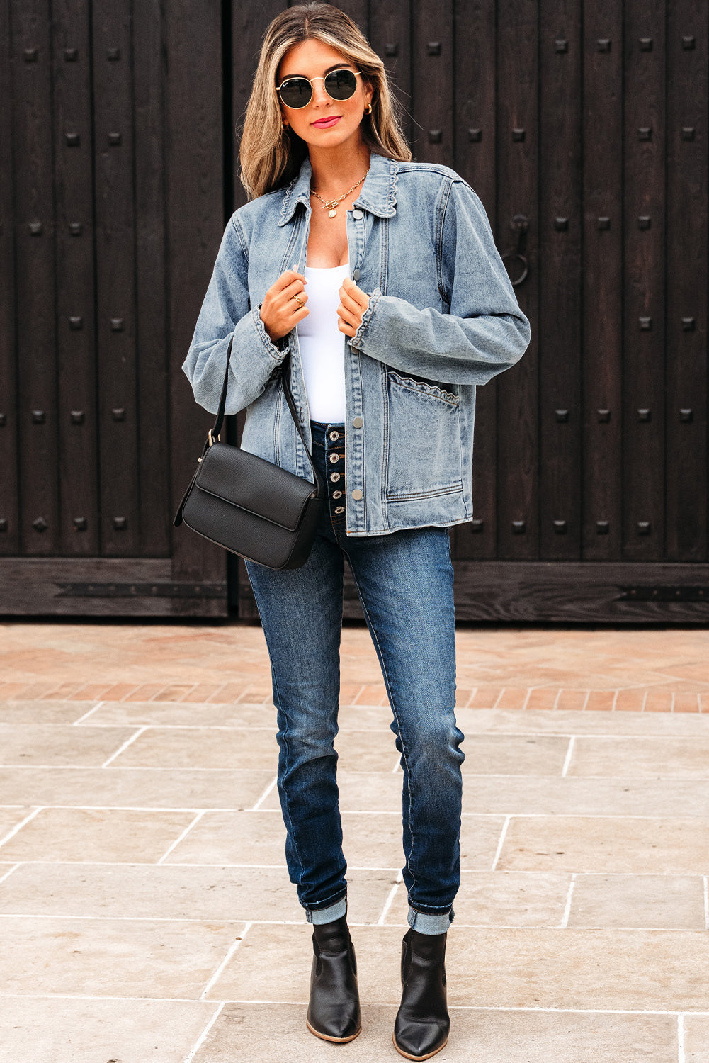 Scallop Patched Trim Collar Pocket Button-Front Denim Jacket
