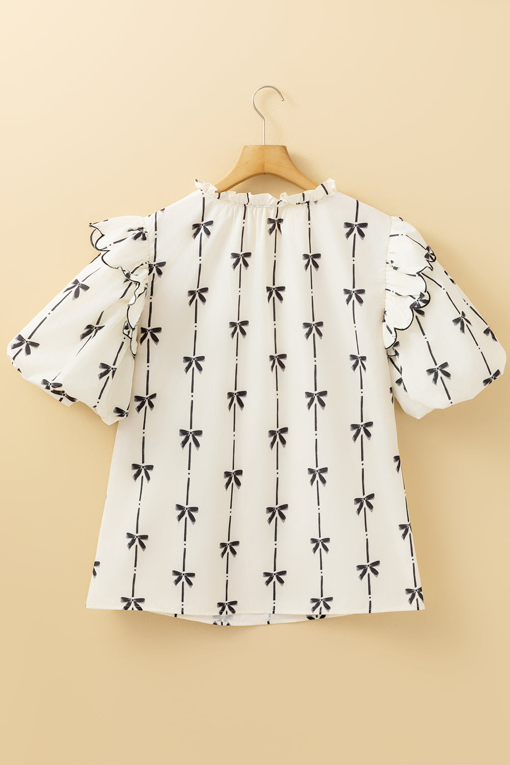Bow Printed Ruffled Lace-up Notched Neck Plus Size Blouse