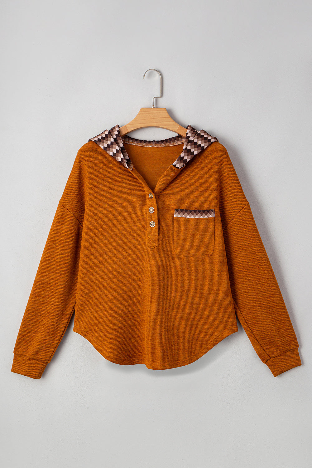 Yellow Contrast Straw Contrast Plaid Hood Patchwork Chest Pocket Henley Top